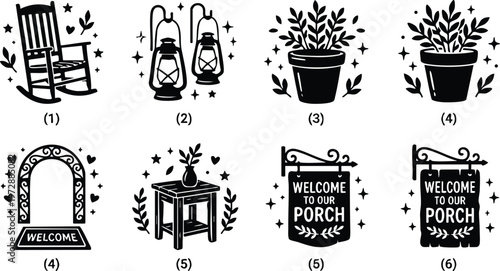 Black and white welcome sign with porch text hanging on decorative bracket vector art