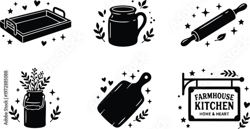 Black and white farmhouse kitchen sign and rustic kitchen tools vector art