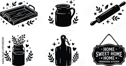 Black and white farmhouse kitchen icons with tray jar rolling pin cutting board and home sweet home sign