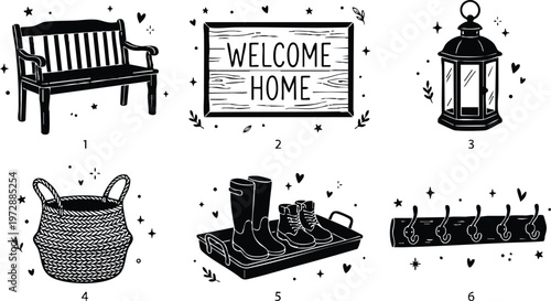 Black and white welcome home sign bench lantern basket boot tray and hook rack vector art