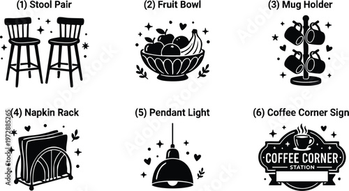 Black and white coffee corner sign with mug holder pendant light and fruit bowl icons