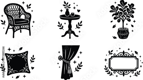 Wicker chair table potted plant pillow curtain and decorative frame