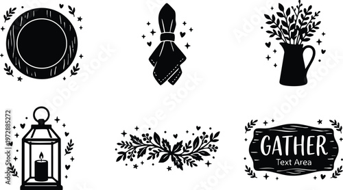 Black and white gather text area with floral branches leaves lantern and napkin vector art