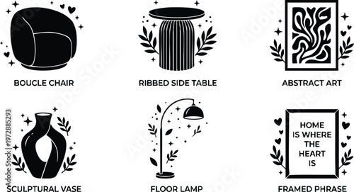 Black and white abstract art framed phrase and modern home decor vector illustrations