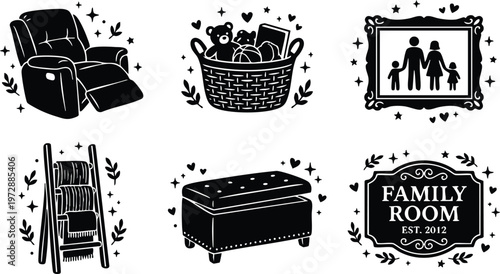Black and white family room icons with recliner basket picture frame and storage bench