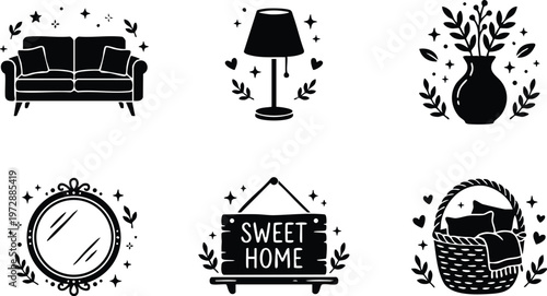 Black and white cozy home sofa lamp vase mirror basket sweet home plaque vector art