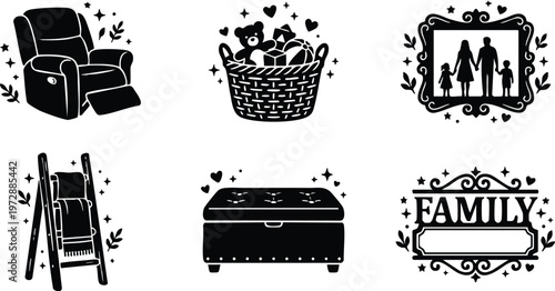 Black and white family silhouette inside ornate frame with family text and cozy home furniture icons