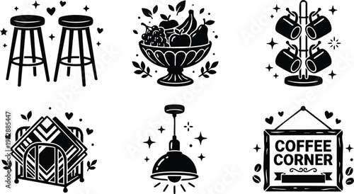 Black and white coffee corner sign with stools mugs fruit bowl and light vector art