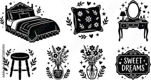 Black and white bedroom set with floral pillow stool vase and sweet dreams sign vector art