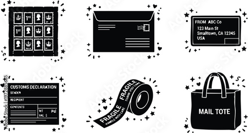 Black and white postal mail icons with stamps envelope customs fragile tape and tote bag