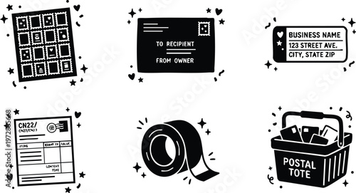 Black and white postal elements postage stamps envelopes and tape vector art