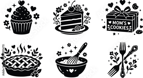 Black and white baking icons cupcake cake pie cookies whisk and forks vector art