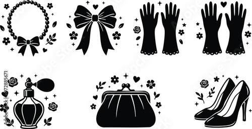 Black and white vintage bow necklace gloves perfume purse and high heel shoes vector art