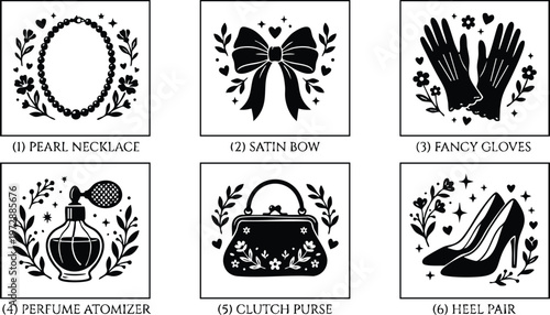 Black and white pearl necklace satin bow fancy gloves perfume atomizer clutch purse and heel pair line art