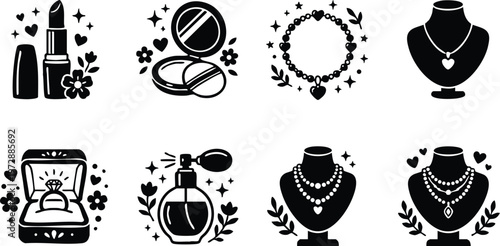 Black and white jewelry and beauty icons with lipstick compact ring and necklaces