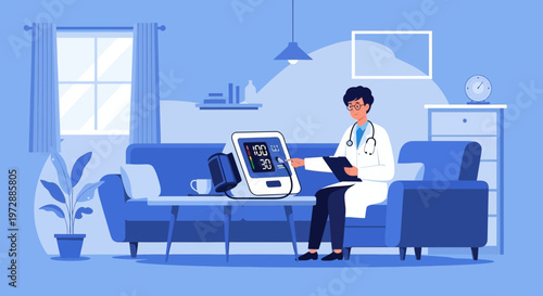 Doctor checks patient's blood pressure at home, healthcare concept
