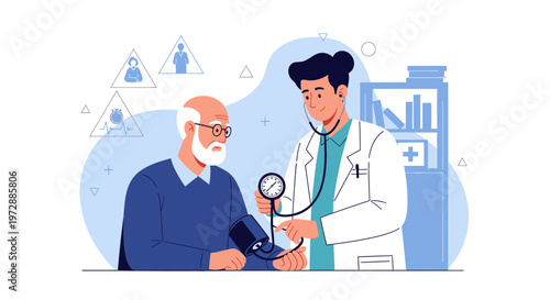 Doctor checks elderly man's blood pressure, healthcare concept, medical checkup, clinic interior