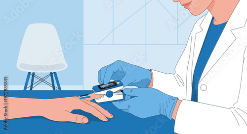 Doctor checks patient's oxygen saturation with pulse oximeter on finger in clinic