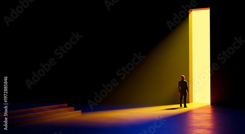 man standing in front of a bright doorway with spotlight