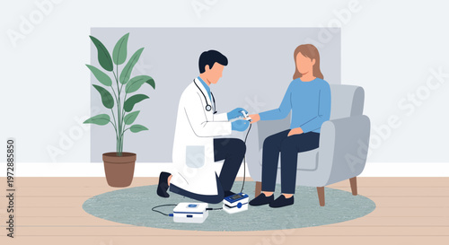 Doctor checks patient's pulse oximeter reading at home, healthcare concept