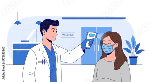 Doctor checks patient's temperature with infrared thermometer at clinic entrance during pandemic