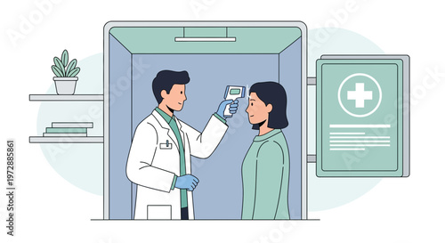 Doctor checks patient's temperature with infrared thermometer in medical screening booth