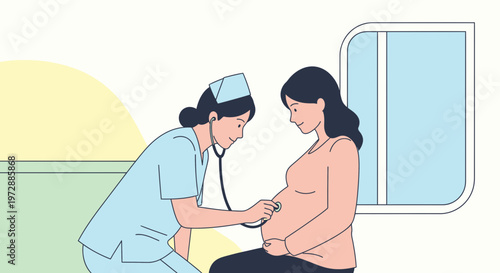 Doctor checks pregnant woman's belly with stethoscope, healthcare concept
