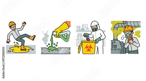 Illustrations depicting various workplace safety hazards including slips, chemical spills, biohazard waste disposal, and respiratory protection from industrial fumes.