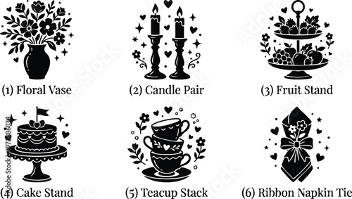 Black and white floral vase candle pair fruit and cake stands teacup stack ribbon napkin tie vector art