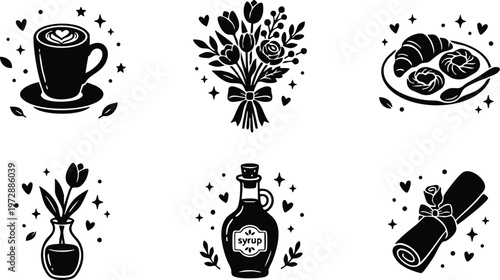 Coffee cup bouquet croissants syrup and napkin icons