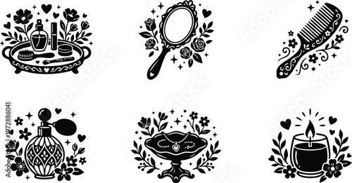 Black and white vintage beauty set with tray hand mirror perfume and candle vector art