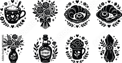 Black and white cozy brunch icons with coffee croissant bouquet and syrup bottle