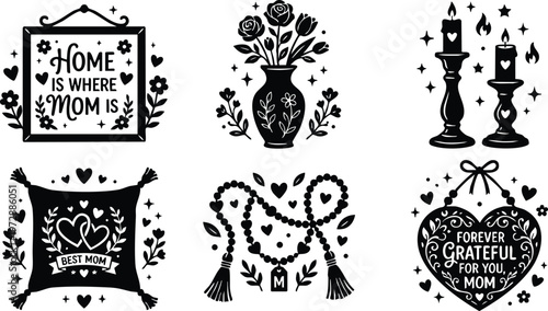 Black and white mom love phrases with floral vase candle and heart illustrations