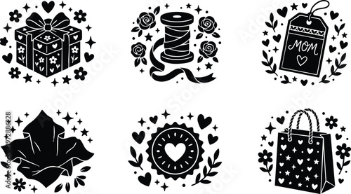 Black and white mother gift tag spool ribbon leaf cookie and shopping bag vector art
