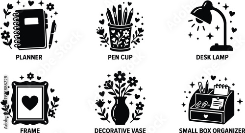 Black and white icons of planner pen cup desk lamp frame decorative vase and small box organizer