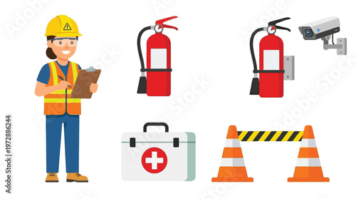 Workplace safety and security equipment with a female inspector, fire extinguishers, first aid kit, traffic cones, and CCTV camera.