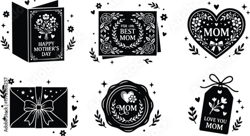 Black and white mothers day greeting cards and tags with floral ornament vector art