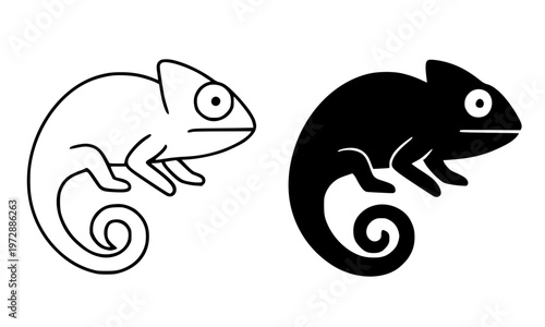 Chameleon minimalist icon, in outline and silhouette design, isolated on transparent background
