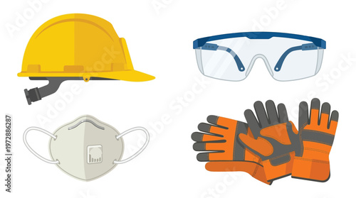 Collection of essential personal protective equipment including a hard hat, safety glasses, respirator mask, and work gloves for workplace safety.