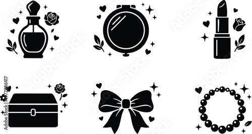 Perfume compact lipstick jewelry box bow and bracelet icons