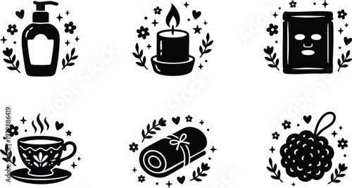 Black and white spa icons including lotion candle face mask tea towel and loofah