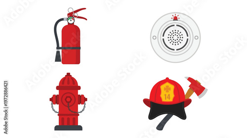Collection of essential fire safety equipment and tools including an extinguisher, smoke alarm, hydrant, and firefighter's helmet with axe.