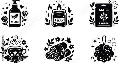 Black and white spa elements with mom lotion candle relax mask tea towels and bath sponge