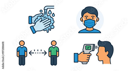 Icons illustrating essential public health safety measures including hand washing, mask wearing, social distancing, and temperature checks.