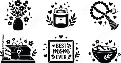 Black and white best mom ever calligraphic lettering with floral and gift elements vector art
