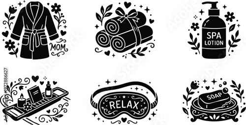 Black and white spa robe with mom lettering and decorative floral elements vector art