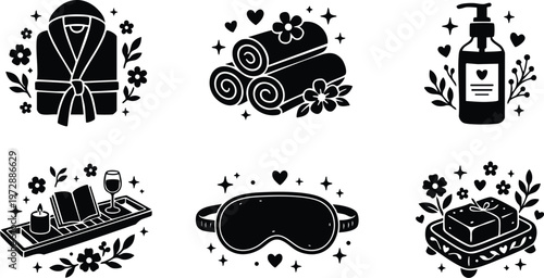 Black and white spa set with robe towels mask and soap in line art