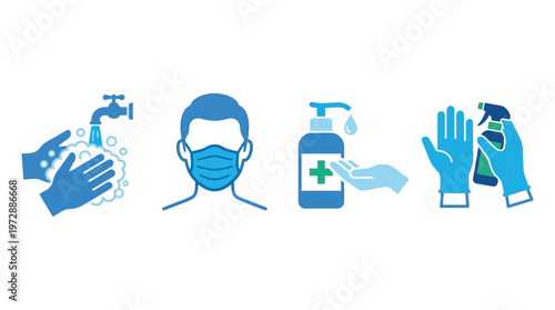 Set of blue and white icons illustrating essential hygiene practices for health protection, including hand washing, mask wearing, sanitizing, and disinfection.