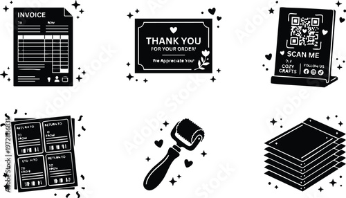 Black and white invoice thank you card qr code roller and labels vector art