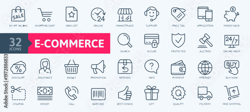 Set of 32 E-commerce and Shopping Line Icons